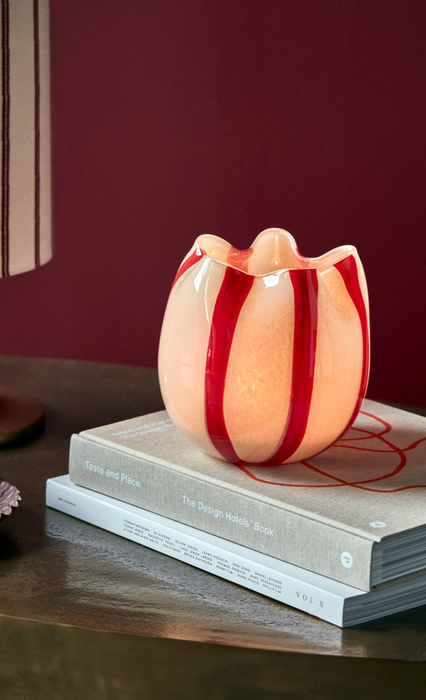 Vase Photophore en verre rayé rouge orangé