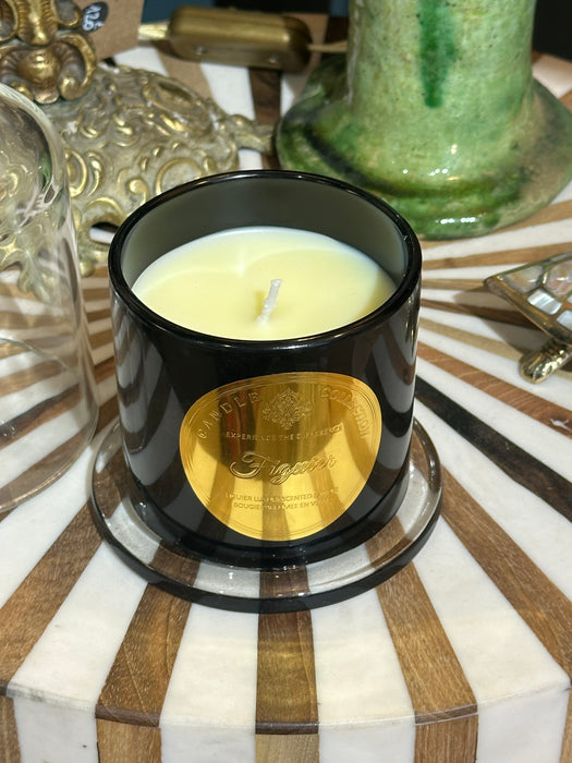 Bougie en verre noir sous cloche – feu de bois