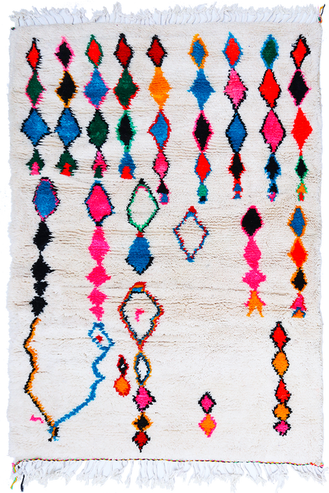 Tapis Azilal #7 écru en laine à motifs colorés - 180x122 cm