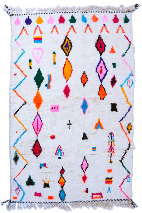 Tapis Azilal #9 écru en laine à motifs colorés - 257x154 cm