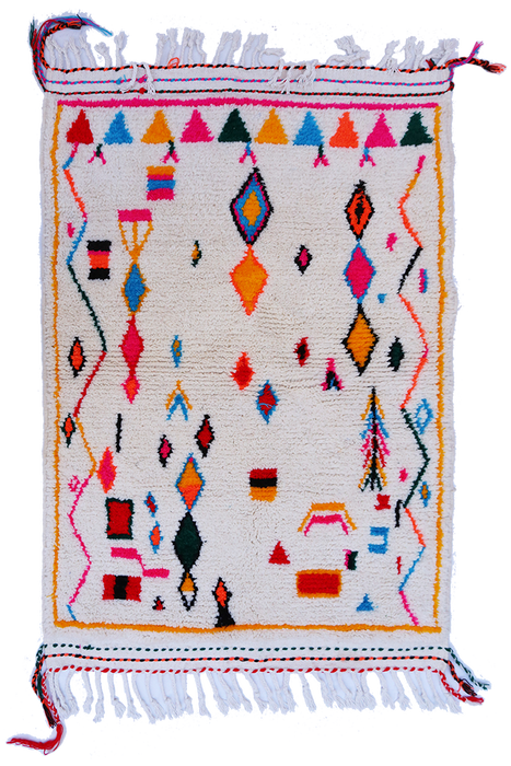 Tapis Azilal #1 écru en laine à motifs colorés - 153x110 cm
