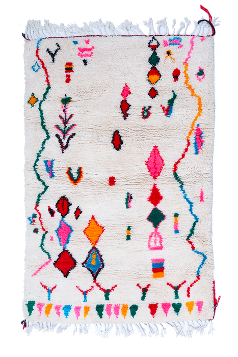 Tapis Azilal #4 écru en laine à motifs colorés - 163x113 cm