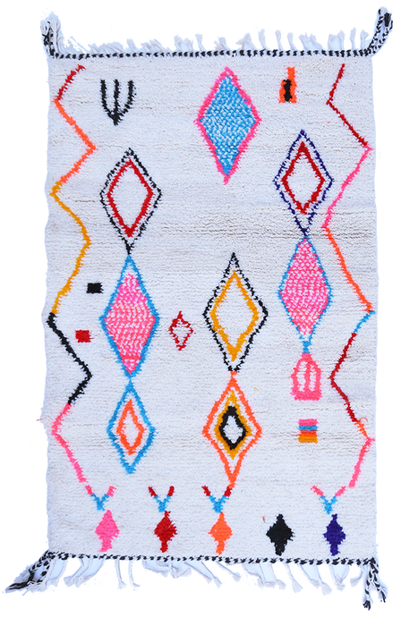 Tapis Azilal #3 écru en laine à motifs colorés - 160x107 cm